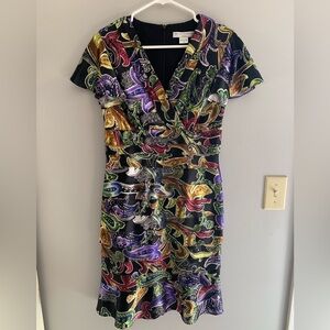 Peter Nygard Womens Tiered Dress 6 Multi Colored Short Sleeve Paisley Raw Hem